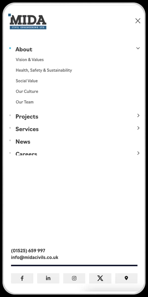 MIDA Civils website on mobile device