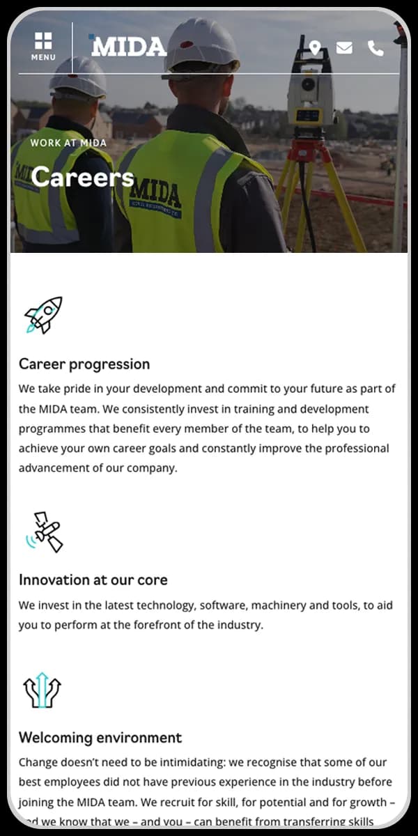 MIDA Civils website on mobile device